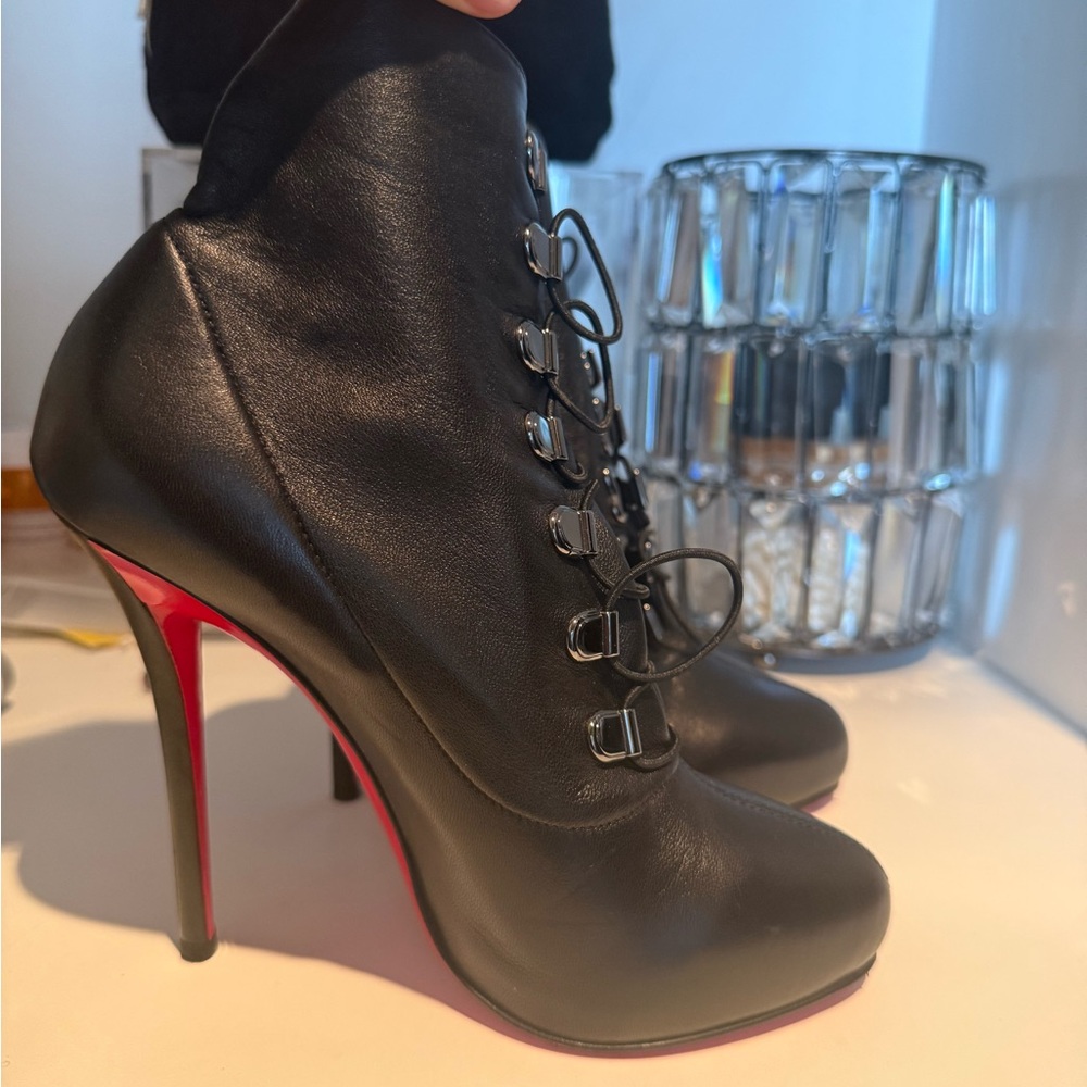 Christian Louboutin Black Lace-Up Pointed Ankle Boots with Metal Eyelets - Picture 2 of 7